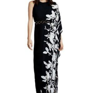 HALSTON HERITAGE Women's One Sleeve Printed Gown with Curved Circle H.W Belt, Bl